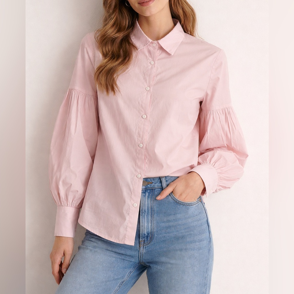 Pink Button Front Blouse Shirt Large Puff Sleeve Collared GUC